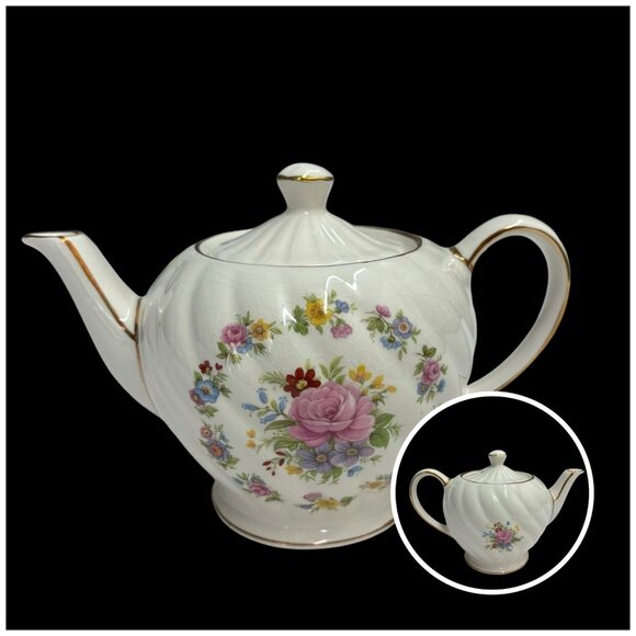 Sadler England Ceramic Teapot With Lid - 7.5" Wide - White With Multicolor Flowe - Picture 1 of 9